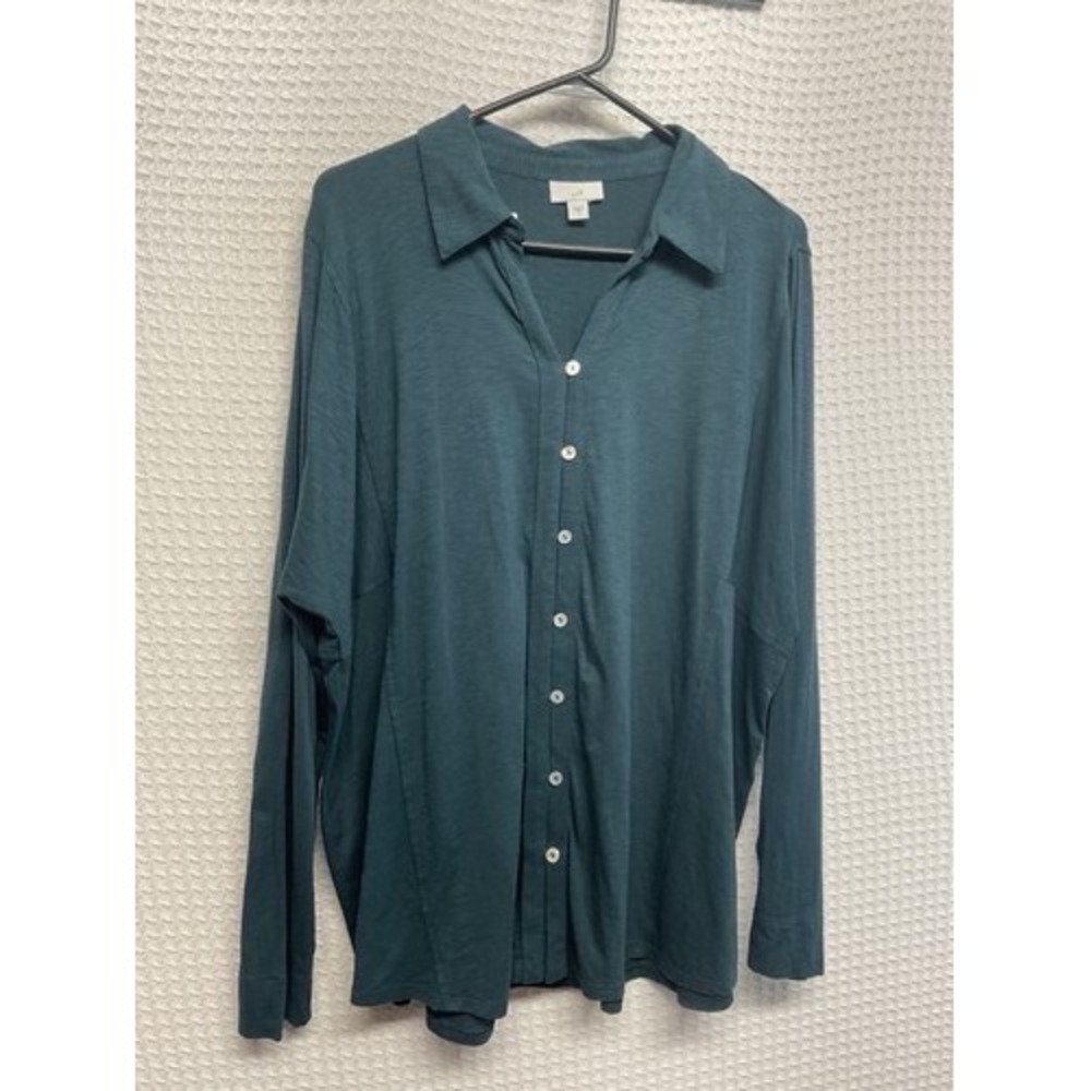 NWOT J.Jill Teal Long Sleeve Button Up Blouse Women L India Cotton/Modal/Spandex